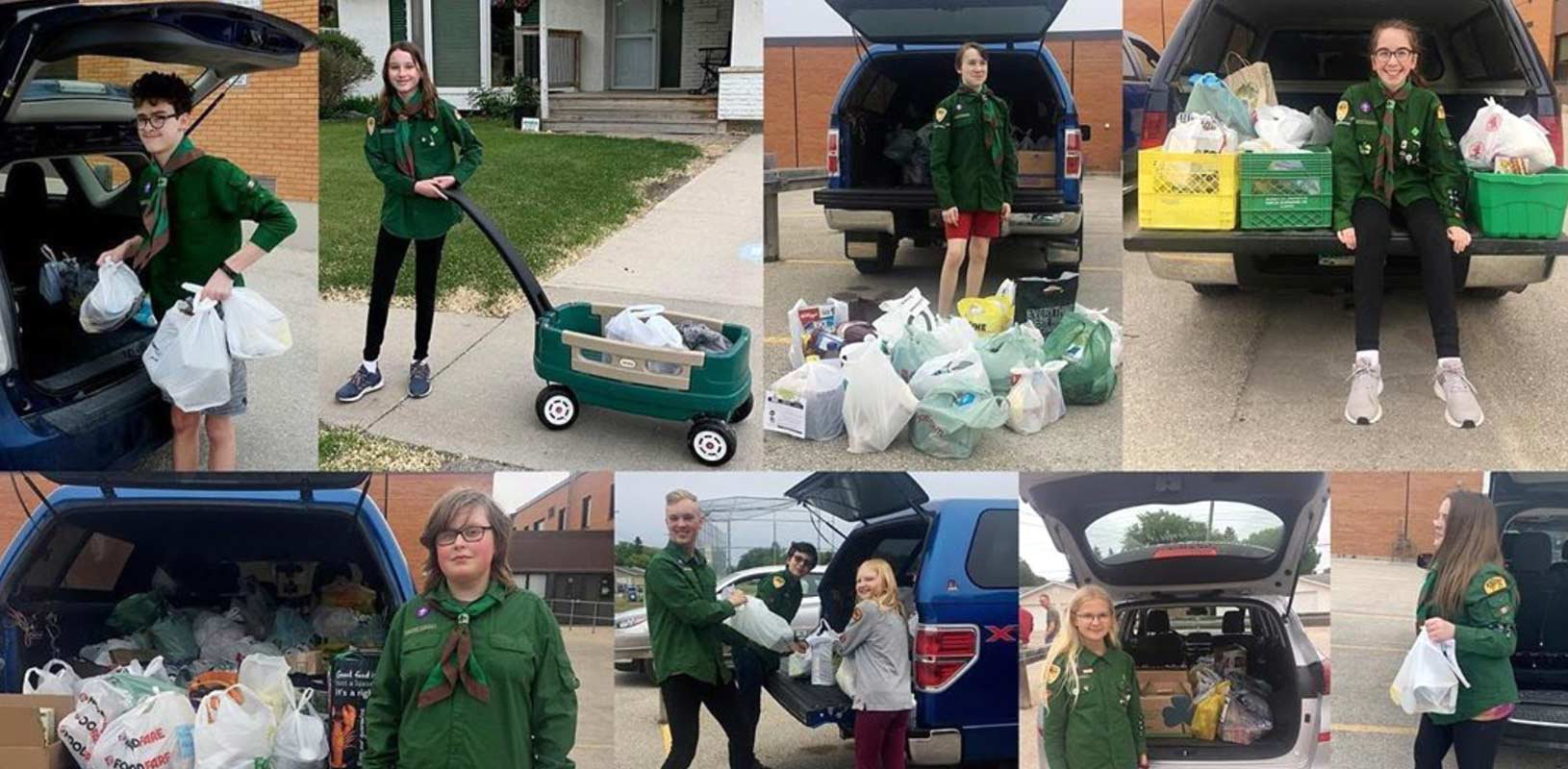 Multiple images showing First Crestview Scouts collecting nearly 800 kg in food donations for local food drive.
