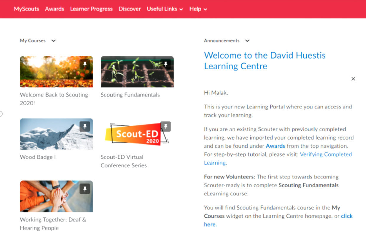 Screen capture of the welcome page from the website David Huestis Learning Centre.
