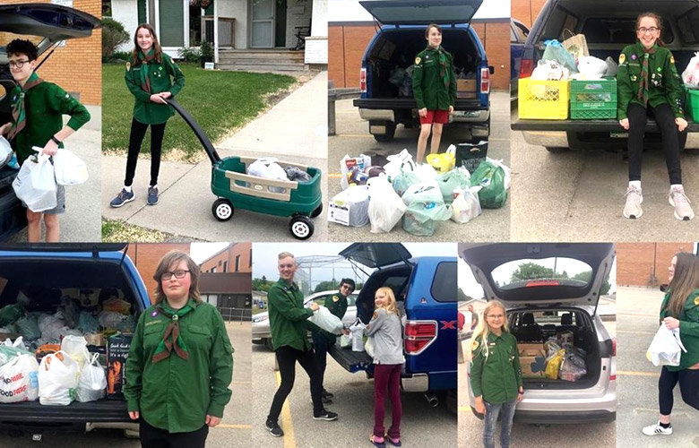 Multiple images showing First Crestview Scouts collecting food donations for local food drive.